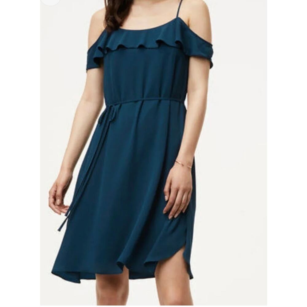 Ann Taylor LOFT Cold Shoulder Flounce Dress Dark Teal Ruffle Medium